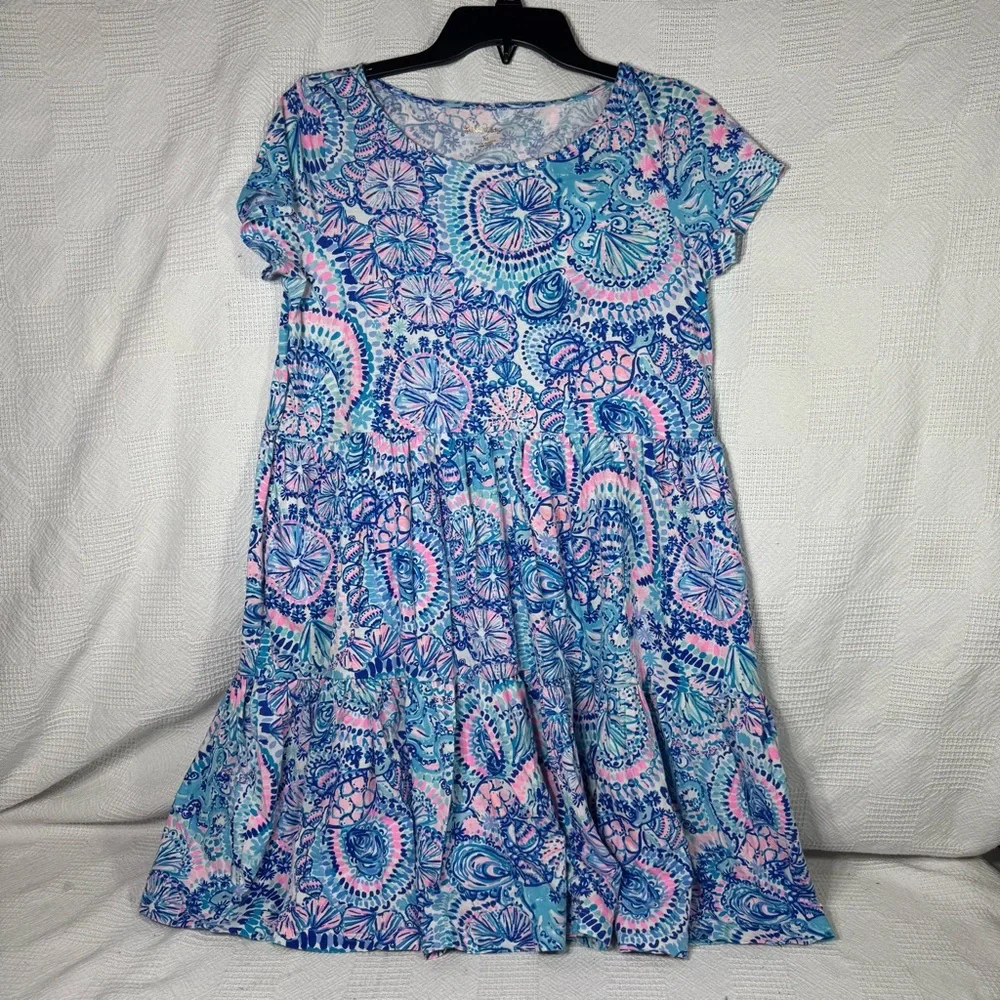 Lilly Pulitzer Girl's Mini Geanna Short Sleeve Swing Dress Blue Pink Size Medium